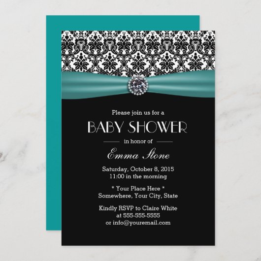 ティール（緑がかった色）エレガントリボンのダマスク赤ちゃんシャワー 招待状 (正面/裏面)