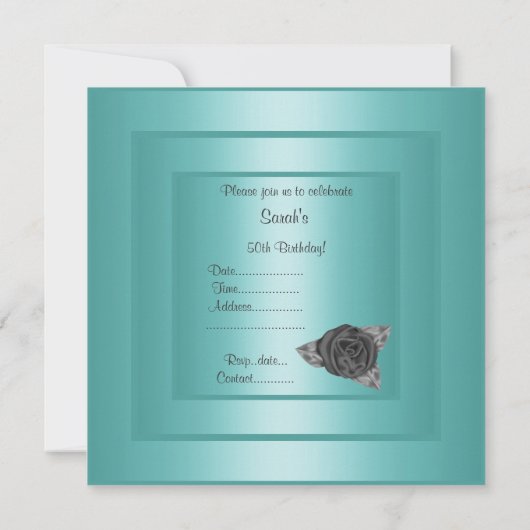ティール（緑がかった色）エレガントローズブド誕生日招待状 招待状 (裏面)