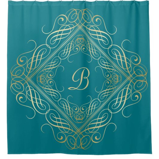 ティール(緑がかった色)エレガント上のゴールドフォイルルックスクロールワークスクリプト シャワーカーテン (正面)