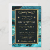 ティール（緑がかった色）エレガント及び金ゴールドグリッター海アガテ結婚ス 招待状 (正面)
