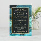 ティール（緑がかった色）エレガント及び金ゴールドグリッター海アガテ結婚ス 招待状 (スタンド正面)