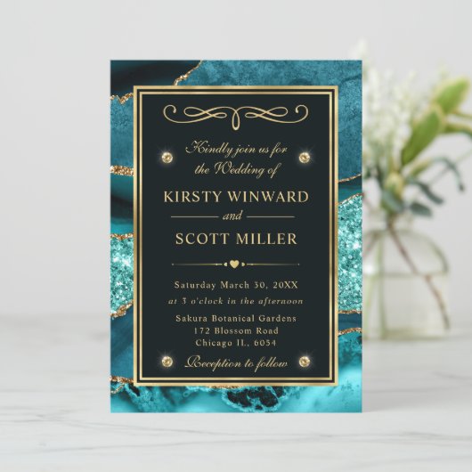 ティール（緑がかった色）エレガント及び金ゴールドグリッター海アガテ結婚ス 招待状 (スタンド正面)