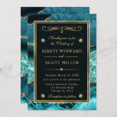 ティール（緑がかった色）エレガント及び金ゴールドグリッター海アガテ結婚ス 招待状 (正面/裏面)