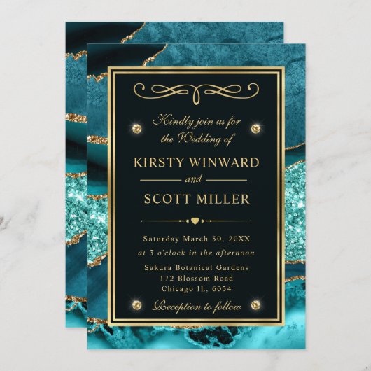 ティール（緑がかった色）エレガント及び金ゴールドグリッター海アガテ結婚ス 招待状 (正面/裏面)