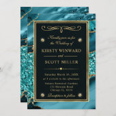 ティール（緑がかった色）エレガント及び金ゴールドグリッター海アガテ結婚ス 招待状 (正面/裏面)