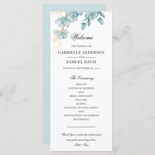 ティール（緑がかった色）エレガント及び金ゴールドユーカリ結婚式 プログラム (正面/裏面)
