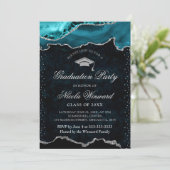 ティール（緑がかった色）エレガント及び銀大理石瑪瑙の卒業 招待状 (スタンド正面)