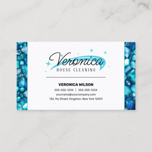 ティール(緑がかった色)エレガント宝石クリスタルハウスクリーニングメイド 名刺 (正面)
