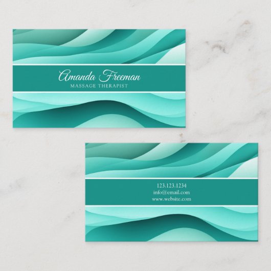 ティール(緑がかった色)エレガント抽象芸術波施術セラピー 名刺 (正面/裏面)