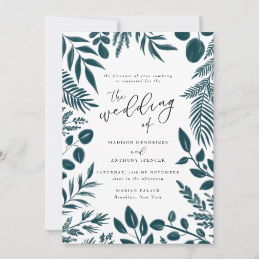 ティール（緑がかった色）エレガント植物学結婚式招待状 招待状 (正面)