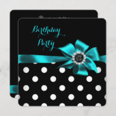 ティール(緑がかった色)エレガント白黒水玉模様誕生日パーティー 招待状 (正面/裏面)