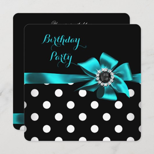 ティール(緑がかった色)エレガント白黒水玉模様誕生日パーティー 招待状 (正面/裏面)