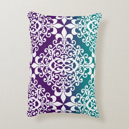 ティール(緑がかった色)エレガント紫と白の模様 アクセントクッション (裏面(縦))