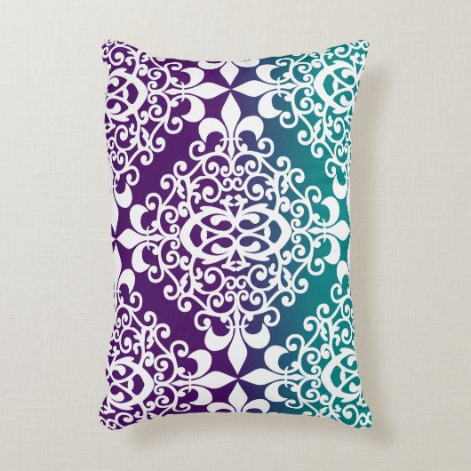 ティール（緑がかった色）エレガント紫と白の模様 アクセントクッション (正面(垂直))