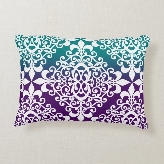 ティール(緑がかった色)エレガント紫と白の模様 アクセントクッション (裏面)