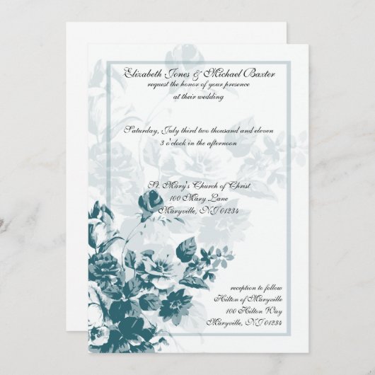 ティール（緑がかった色）エレガント花結婚式招待状 招待状 (正面/裏面)