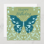 ティール（緑がかった色）エレガント蝶つる植物ハッピーバースデー ノートカード (正面/裏面)