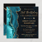 ティール（緑がかった色）エレガント金ゴールドグリッターアゲート21歳の誕生日 招待状 (正面/裏面)