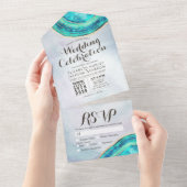 ティール（緑がかった色）&エレガント金ゴールドゲートGeodeスライスウェディングRSVP オールインワン招待状 (貼ってはがせる)