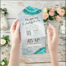 ティール（緑がかった色）&エレガント金ゴールドゲートGeodeスライスウェディングRSVP