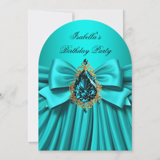 ティール（緑がかった色）エレガント金ゴールドジュエルボウ誕生日パーティー 招待状 (正面)