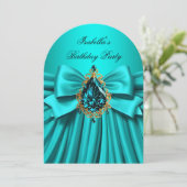 ティール（緑がかった色）エレガント金ゴールドジュエルボウ誕生日パーティー 招待状 (スタンド正面)