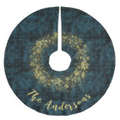 ティール(緑がかった色)エレガント金ゴールドスノーフレークスベルベットクリスマス ブラッシュドポリエステルツリースカート (正面)