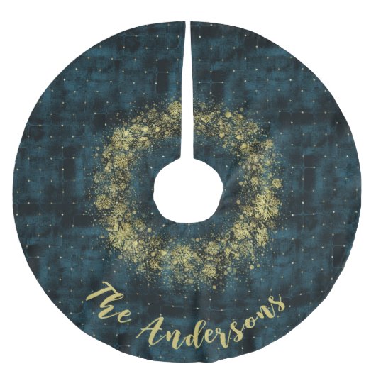 ティール（緑がかった色）エレガント金ゴールドスノーフレークスベルベットクリスマス ブラッシュドポリエステルツリースカート (正面)