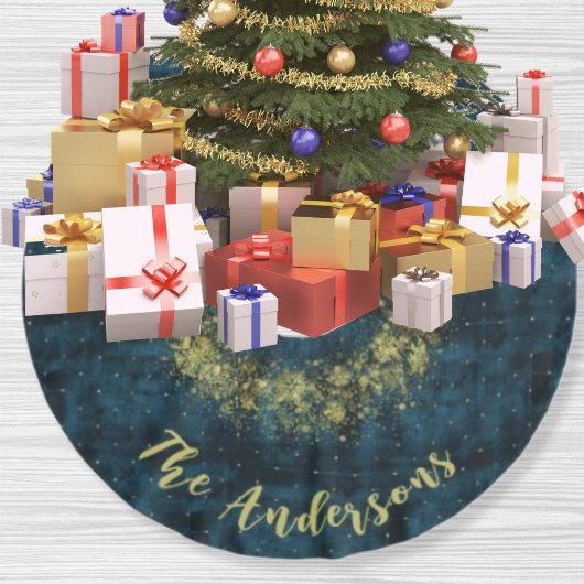 ティール(緑がかった色)エレガント金ゴールドスノーフレークスベルベットクリスマス ブラッシュドポリエステルツリースカート