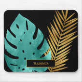 ティール(緑がかった色)エレガント金ゴールドトロピカル葉ブラックモノグラム マウスパッド (正面)