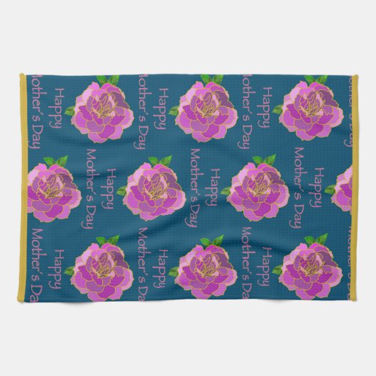 ティール(緑がかった色)エレガント金ゴールドピンクローズハッピーマザーズデイ キッチンタオル (横)