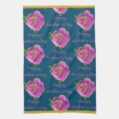 ティール(緑がかった色)エレガント金ゴールドピンクローズハッピーマザーズデイ キッチンタオル (縦)
