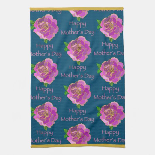 ティール（緑がかった色）エレガント金ゴールドピンクローズハッピーマザーズデイ キッチンタオル (縦)