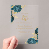 ティール（緑がかった色）エレガント金ゴールドフローラ結婚式日付の保存 アクリル招待状 (インサイチュ (ポータブル))