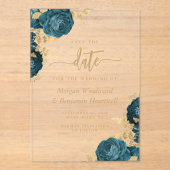 ティール（緑がかった色）エレガント金ゴールドフローラ結婚式日付の保存 アクリル招待状 (正面)