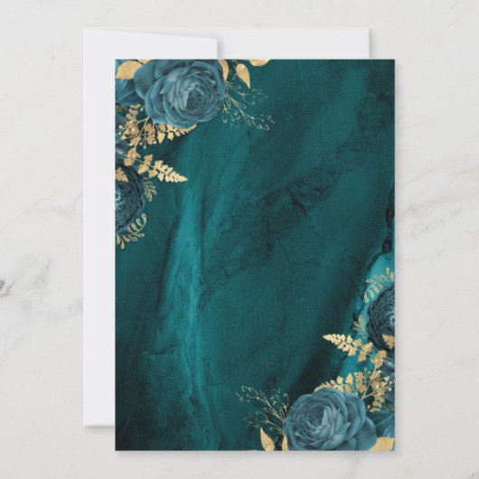 ティール(緑がかった色)エレガント金ゴールドフローラ結婚式日付の保存 招待状 (裏面)