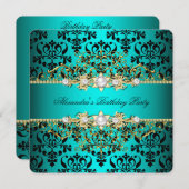 ティール(緑がかった色)エレガント金ゴールドブラックダマスクバースデーパーティー 招待状 (正面/裏面)