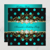 ティール（緑がかった色）エレガント金ゴールドブラック水玉模様バースデーパーティー 招待状 (正面/裏面)