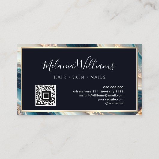 ティール（緑がかった色）エレガント金ゴールド大理石ゲートQRコード 名刺 (裏面)