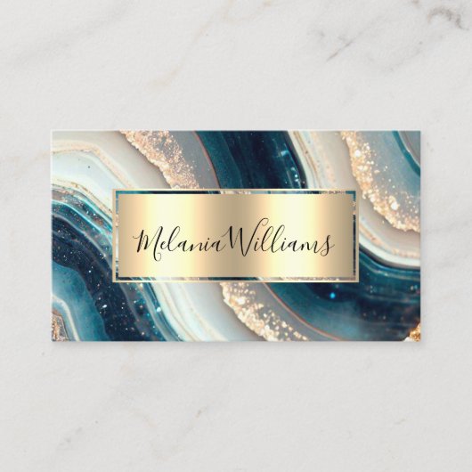 ティール（緑がかった色）エレガント金ゴールド大理石ゲートQRコード 名刺 (正面)