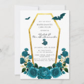 ティール（緑がかった色）エレガント金ゴールド棺フローラブリデスメイドランチ 招待状 (正面)