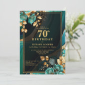 ティール(緑がかった色)エレガント金ゴールド70th誕生日パーティー 招待状 (スタンド正面)
