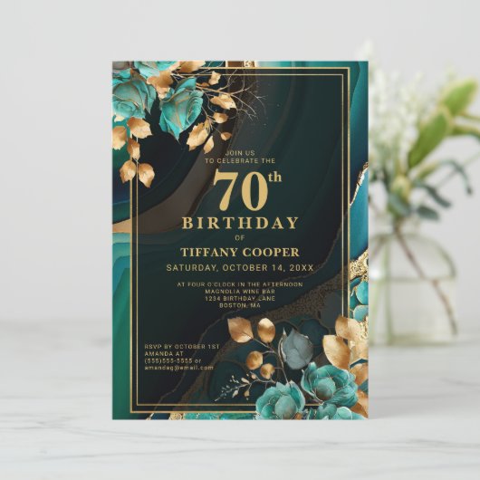ティール（緑がかった色）エレガント金ゴールド70th誕生日パーティー 招待状 (スタンド正面)
