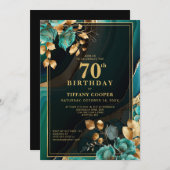 ティール(緑がかった色)エレガント金ゴールド70th誕生日パーティー 招待状 (正面/裏面)