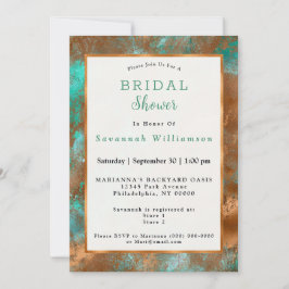 ティール（緑がかった色）エレガント銅パティーナ抽象芸術ブライダルシャワー 招待状