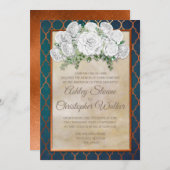 ティール（緑がかった色）エレガント銅白フローラ結婚式の招待 招待状 (正面/裏面)