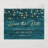 ティール(緑がかった色)エレガント・ゴールド・フォイル・ウッド・セーブ・ザ・デート 案内ポストカード (正面)