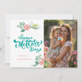 ティール（緑がかった色）エレガント&ピンクフローラ母の日と写真 シーズンカード (正面)