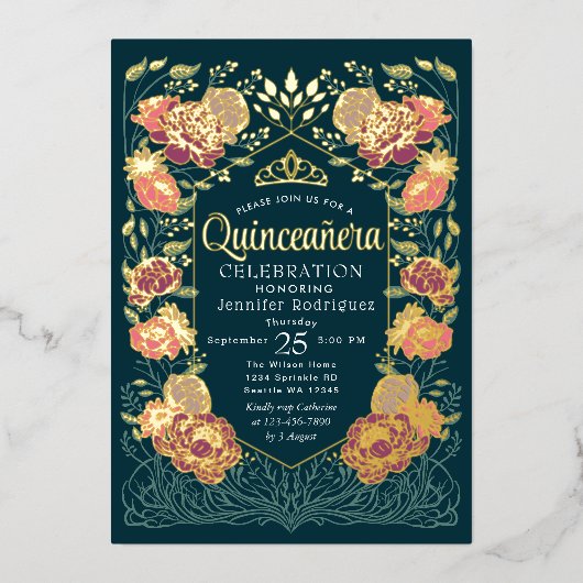 ティール（緑がかった色）エンチャントガーデンフローラキンセアニェラ 箔招待状 (正面)