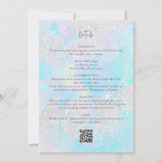 ティール(緑がかった色)オパールストーングリッターすべて一つのQRで結婚す 招待状 (裏面)